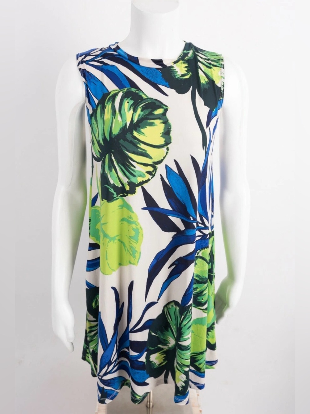 Elan Blue and Green Leaf Print Mini Dress Coverup PTP 17”